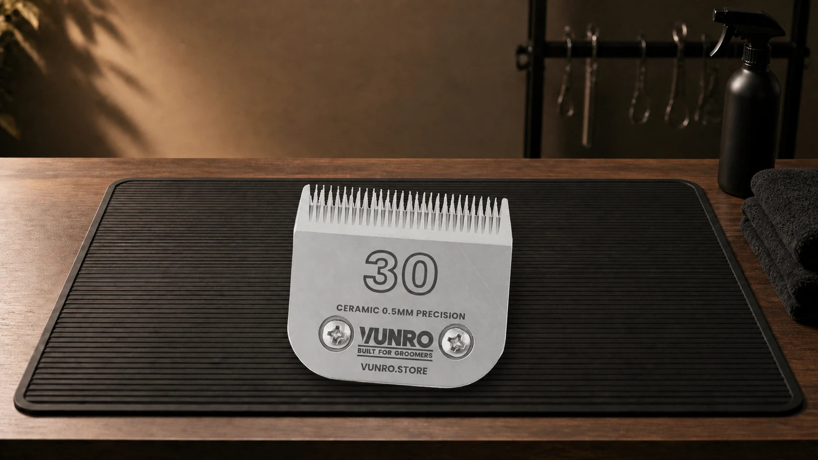 #30 Ceramic Dog Clipper Blade (0.5 mm) resting naturally on the VUNRO grooming workbench