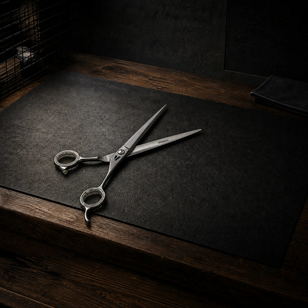 7.5" Precision Straight Dog Grooming Scissors (440C) photographed on the VUNRO professional workbench