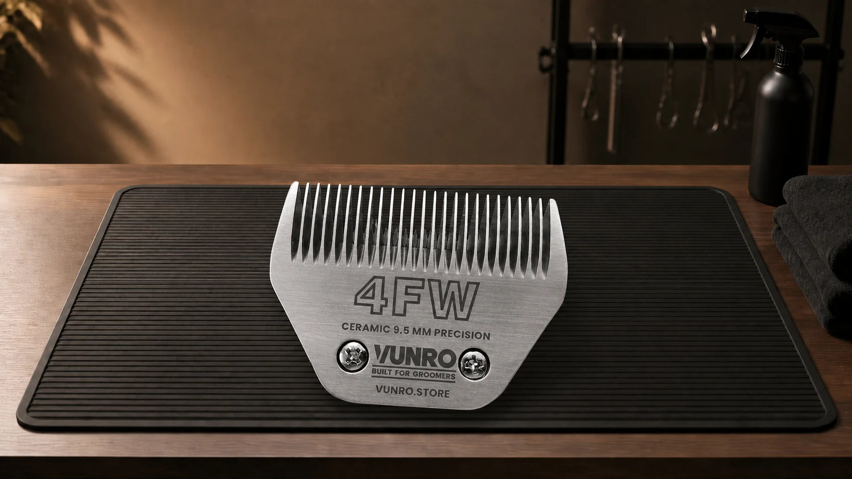 #4FW Ceramic Dog Clipper Blade (9.5 mm) resting naturally on the VUNRO grooming workbench